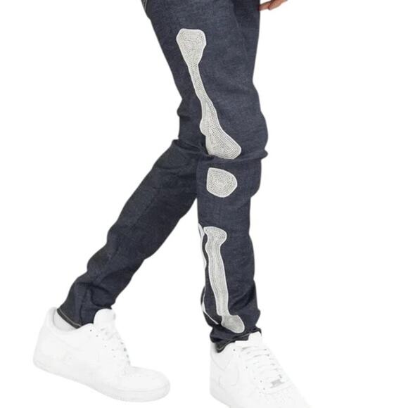 MNML Skeleton Bone Patch Jeans Men’s Size 38 – Dark Wash Denim - Picture 1 of 11